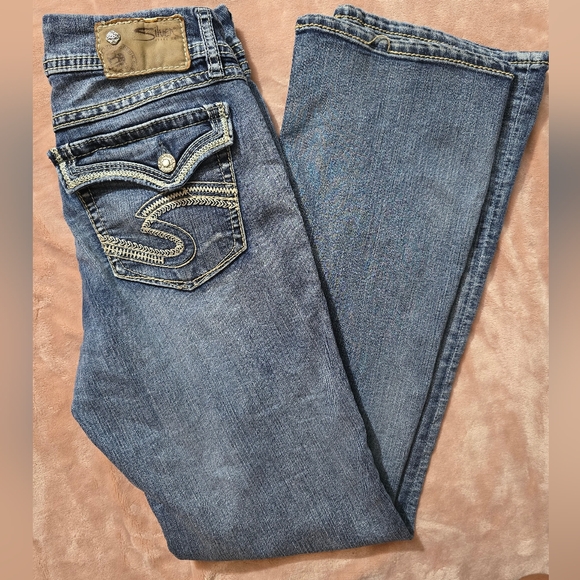 Silver Jeans Suki Flap Blue Boot Cut Jeans Pearl Rivets 2 Button Size 29W 32L - Picture 12 of 13